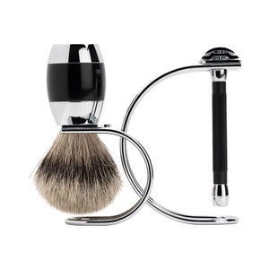 Merkur 3081 - 3pcs Shaving Set, Twin Color Black, Bright Chrome Finish