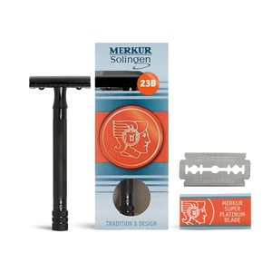 Merkur Black 23B Double Edge Safety Razor, Straight Cut, Extra Long Handle, PVD Coated