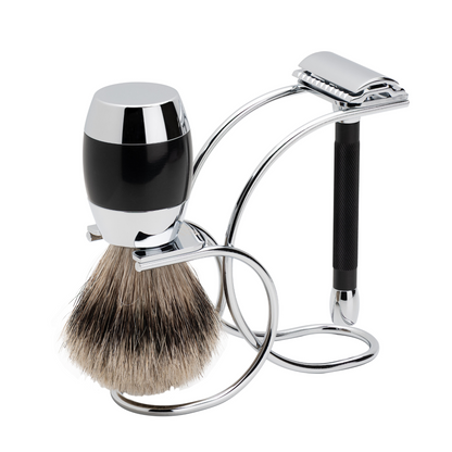 Merkur 3081 - 3pcs Shaving Set, Twin Color Black, Bright Chrome Finish