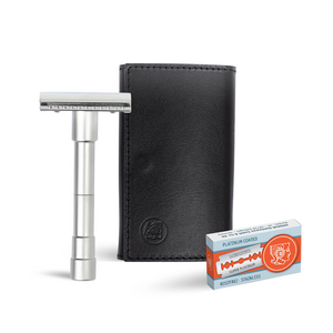 Merkur 3-Piece Travel Double Edge Safety Razor with Blades In Black Leather Case