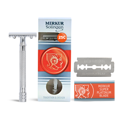 Merkur 25C Double Edge Safety Razor, Open Tooth Comb, Extra Long Handle, Chrome