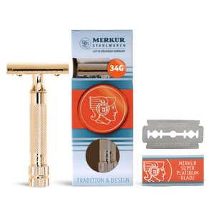 Merkur 34G Double Edge Safety Razor, Straight Cut, Extra Thick Handle, Gold-Plated